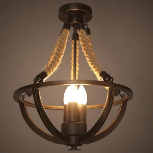 Frentty- Rustic Hemp Rope Iron Basket Antique with 3 Candle Lights