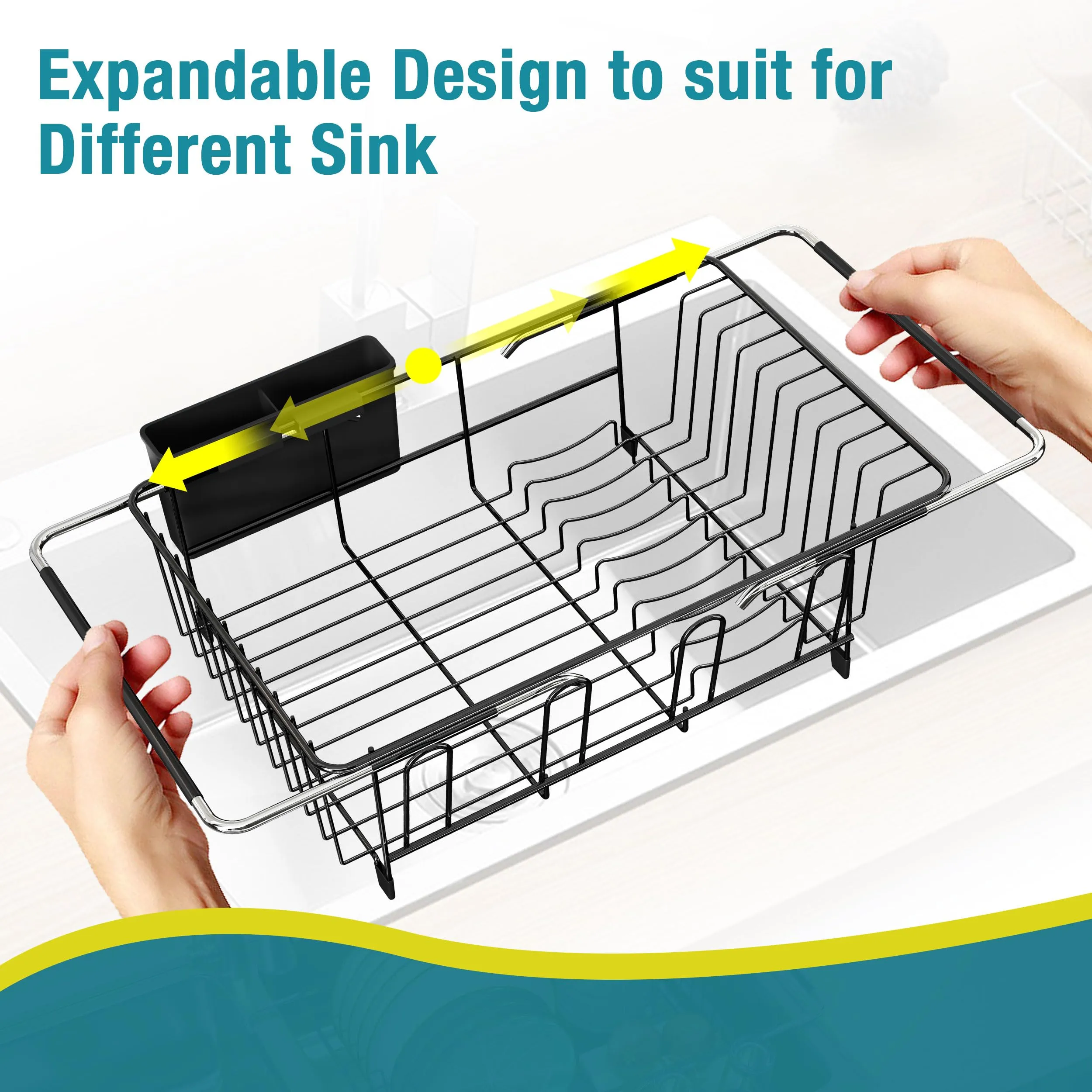 JASIWAY Dish Drying Rack in Sink- Over the Sink Colander Strainer Basket, Stainless Steel Strainer Basket with Expandable Rubber Grip Handles for Vegetables, Fruits, Home Kitchen Essentials, Black