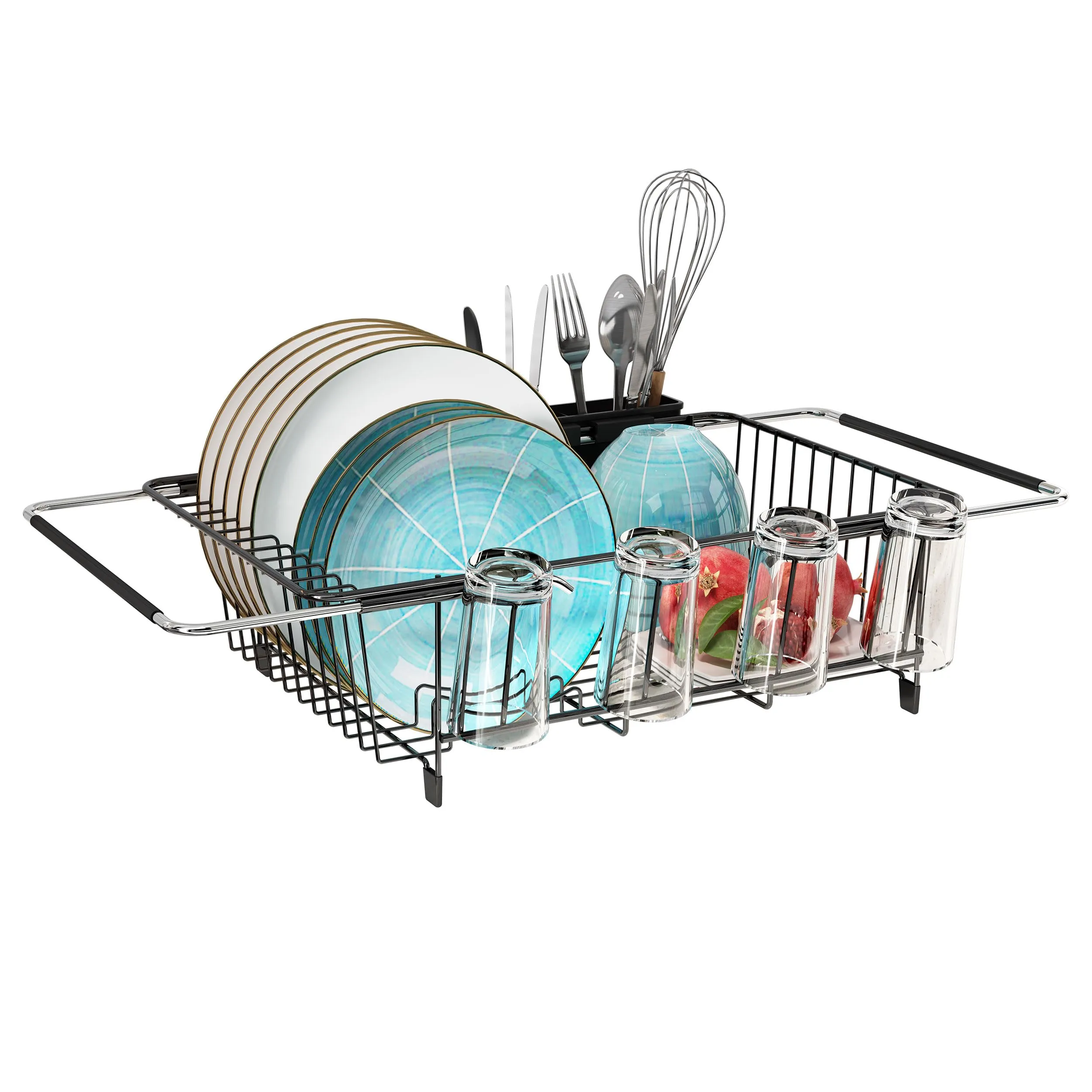 JASIWAY Dish Drying Rack in Sink- Over the Sink Colander Strainer Basket, Stainless Steel Strainer Basket with Expandable Rubber Grip Handles for Vegetables, Fruits, Home Kitchen Essentials, Black