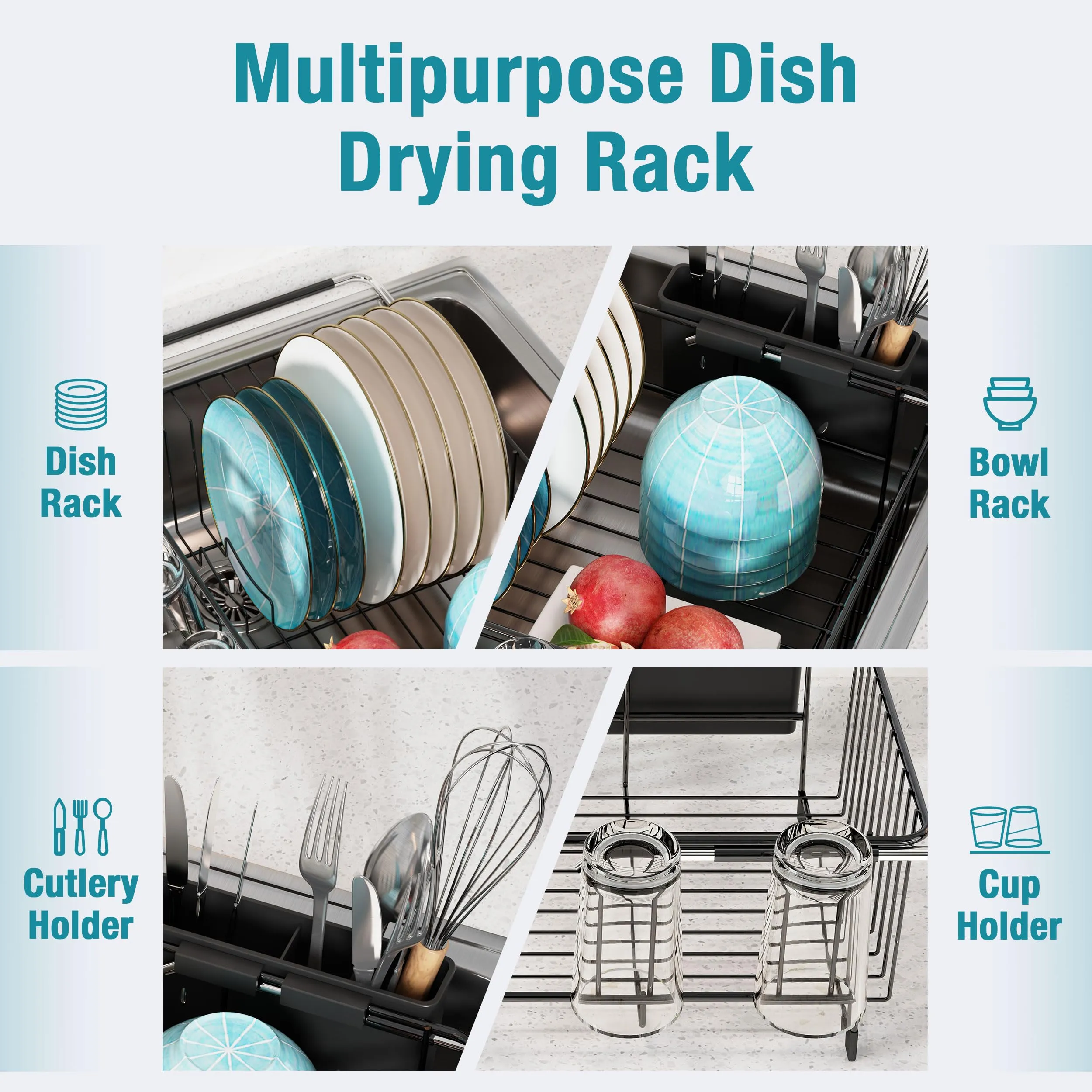 JASIWAY Dish Drying Rack in Sink- Over the Sink Colander Strainer Basket, Stainless Steel Strainer Basket with Expandable Rubber Grip Handles for Vegetables, Fruits, Home Kitchen Essentials, Black