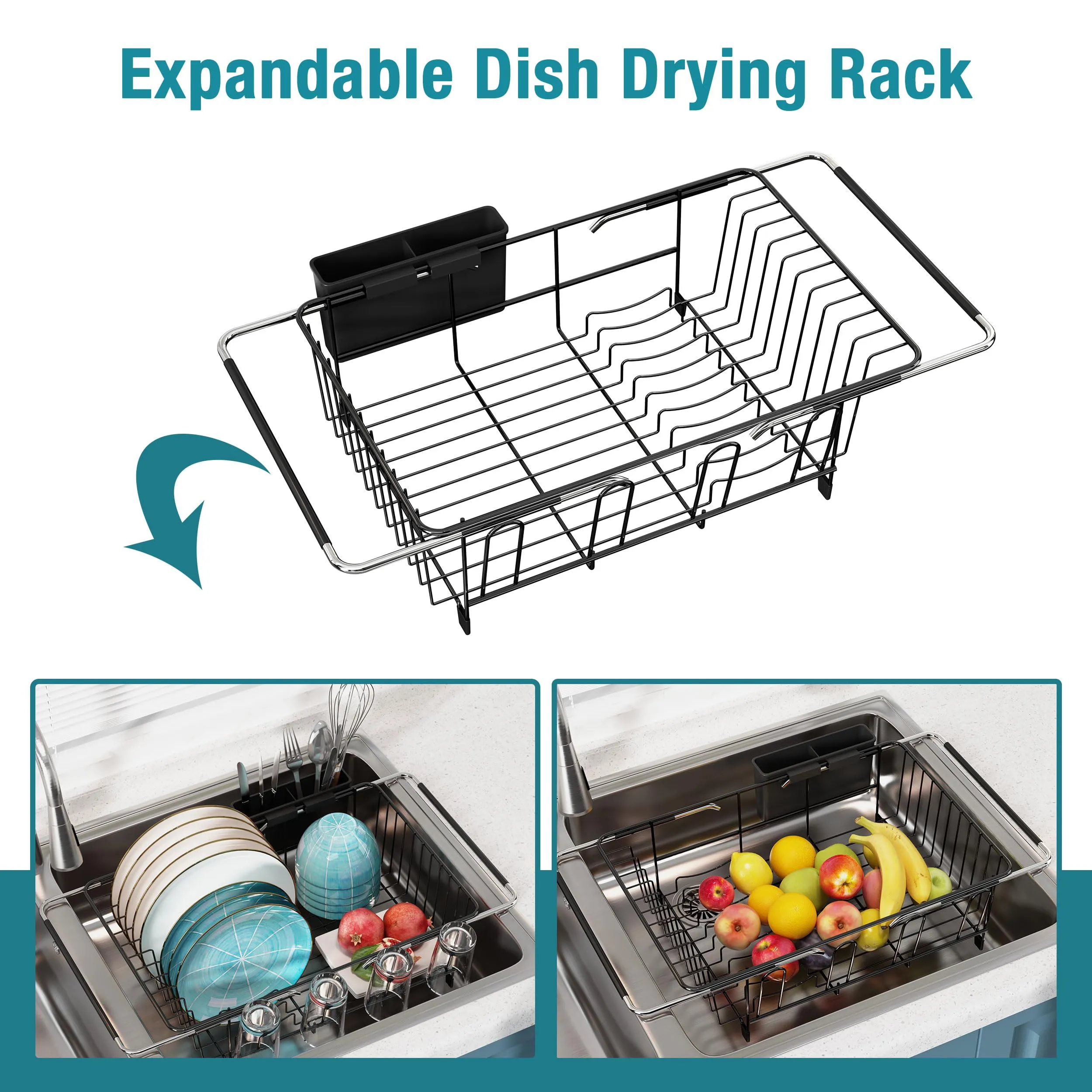 JASIWAY Dish Drying Rack in Sink- Over the Sink Colander Strainer Basket, Stainless Steel Strainer Basket with Expandable Rubber Grip Handles for Vegetables, Fruits, Home Kitchen Essentials, Black