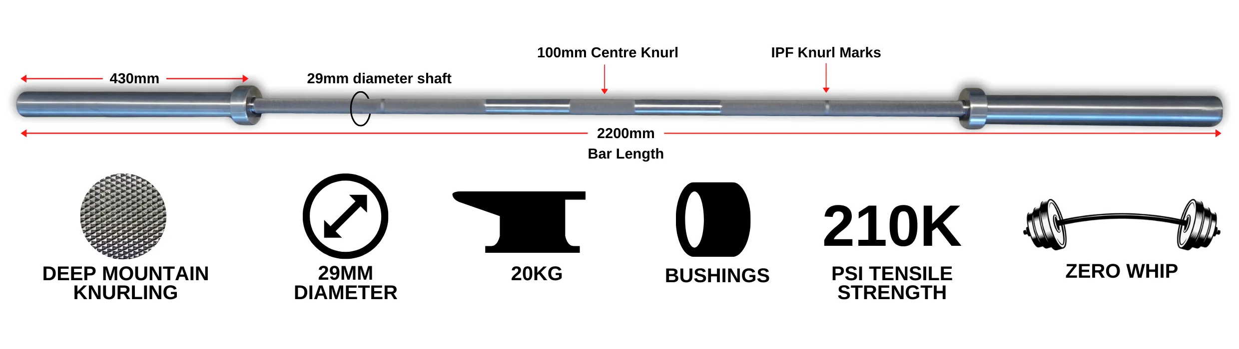 VERVE Stainless Steel Deep Knurl Power Barbell - 20kg
